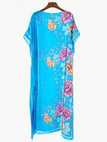 1件女士复古优雅印花仿丝长款卡夫坦罩衫，休闲沙滩防晒披肩和服，夏季连衣裙 - 彩色 - 查看 26