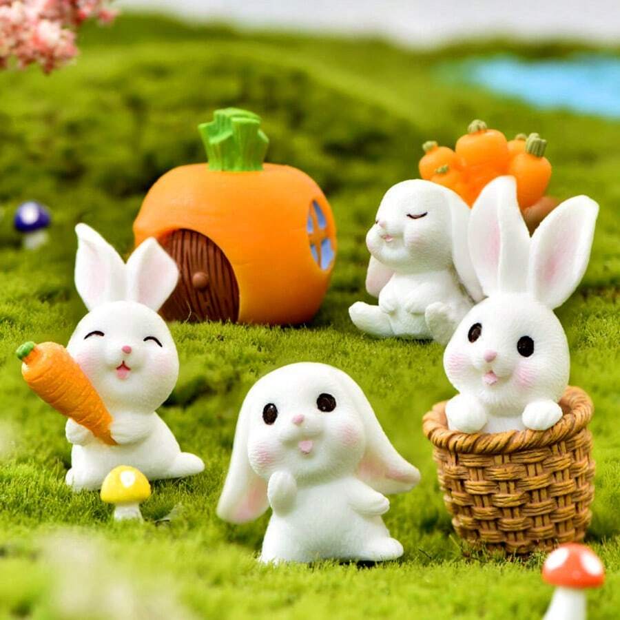 Mini Rabbit Statue, Resin Rabbit Figurine Decor, Fairy Garden Dollhouse Cake Topper, Cute Rabbit Decoration, Home And Easter Decoration - Multicolor - View 1