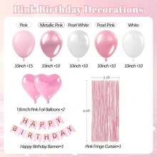 kumozawa 59pcs Pink Birthday Decorations Set - Pearl White, Metallic Pink Balloons, Tassels, Curtain, Banner, Suitable For Happy Birthday Decor - Pink - View 5