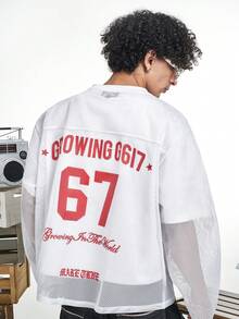 MT99 叠层印花运动衫，V领，透气网眼长袖，街头休闲时尚 - 白色 - 查看 2