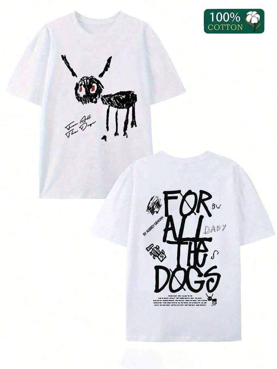 Double Sided Digital Printed Rapper Drake FOR ALL THE DOGS Hip Hop Graphic T Shirt Unisex Soft Short Sleeve 100 Percent Cotton Casual Tee 220gsm Pure Cotton Comfort Fit - 白色 - 查看 1