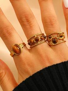 Anel de Aço Inoxidável com Olho de Tigre Estilo Francês Vintage, Não Desbota, Anel Aberto de Aço Titânio com Pedra Natural - Multicolorido - Visão 5