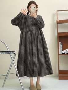 女士复古撞色格纹长袖连衣裙，宽松休闲秋季长裙