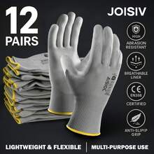 12 双装工作手套 - 13 针无缝针织，带防滑 PU 涂层，聚氨酯浸渍，适用于仓库和园艺，透气轻便，男女通用（黑色、灰色）