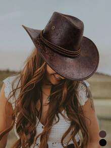 1pc PU Cowboy Hat, Cracked Texture Style, Unisex, Suitable For Valentine's Day, Back To School, Paired With Belt For Dressing, Daily, Travel, Vacation, Holiday, Outdoor