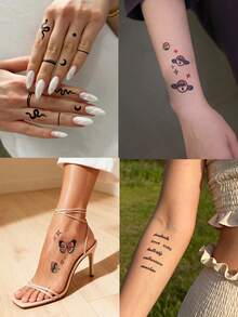 30 PIEZAS Pegatinas de tatuaje combinadas de patrones exquisitos y multicolores, incluyendo estrellas, lunas, pájaros, líneas, mariposas, flores, amor y otros elementos del patrón Y2K. Tatuajes temporales falsos ideales para dedos, orejas, hombros, cuello, clavícula y otras partes pequeñas del Body. Perfectos para carnavales, San Valentín, fiestas y festivales. - Negro - Ver 2