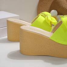 Women's Bow Decor Thick Sole Wedge Slippers, Lightweight Open Toe Sandals For Beach, Casual & Outdoor Activities - Green - View 7