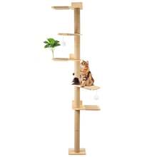 Cat Tree 206 Cm Natural Rubber Wood, 5 Levels Wall Mounted Cat Tree With Widened Base, Plush Balls, 360° Rotatable, XXL Climbing Tree For Cats, For Climbing, Scratching - Natural Wood Color - View 2