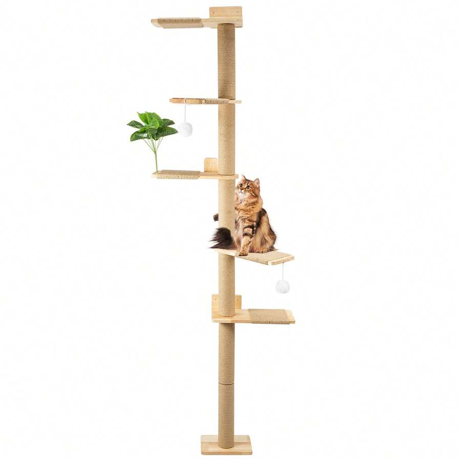 Cat Tree 206 Cm Natural Rubber Wood, 5 Levels Wall Mounted Cat Tree With Widened Base, Plush Balls, 360° Rotatable, XXL Climbing Tree For Cats, For Climbing, Scratching