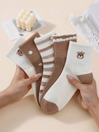 5 Pairs Women's Cartoon Bear, Polka Dot, Striped, Lace Trim Socks, Suitable For Daily Wear