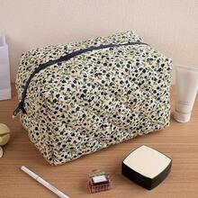 1pc Pretty Navy Blue Floral Print Makeup Bag With Zipper Portable Travel Skincare Storage Pouch Makeup Organizer Big Size ﻿