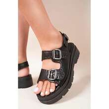 IKRUSH Chunky Double Buckle Studded Platform Sandals I39364  Wedge Chunky Platform Mid Heel Regular Length Regular Fit - White - View 9