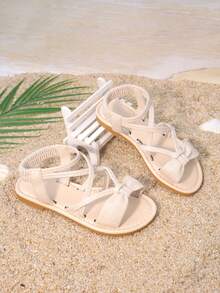 Giày sandal mùa hè cho bé gái, kiểu La Mã mới, sandal đế bằng thoải mái cho trẻ em, giày đi biển hở mũi in họa tiết, đế mềm cho bé gái và trẻ nhỏ. - Màu be - Xem 2