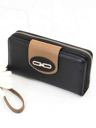 Cartera de mano pequeña para mujer con cierre a presión, de PU suave con bloques de color, billetera larga multifuncional de gran capacidad, portador de tarjetas con cremallera, monedero ligero y de moda para mujer