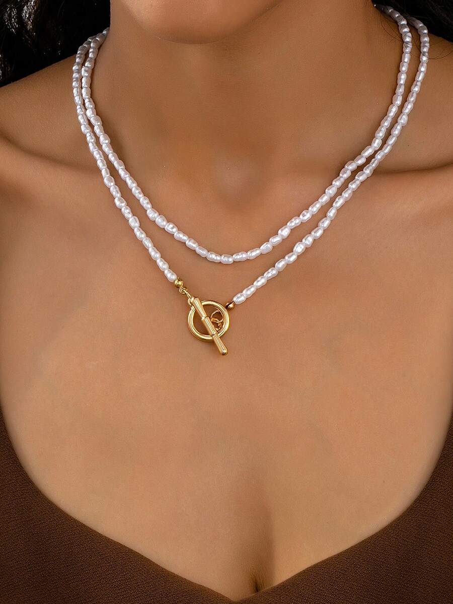 2件套极简珍珠串珠颈链套装 - 白色 - 查看 1