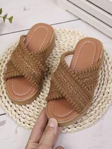 1 Pair Kids' Platform Striped Trim Decorated Summer Canvas Beach Girls Thick Flatform Sandals - Brown - View 5