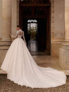 Majestic High Neck Lace Long Sleeve Corset Tulle Ballgown Wedding Dress With Train, Wedding Dresses For Bride, Elegant And Comfortable, Includes Plus Sizes, Bridal Gown, Formal Dresses For Women, Suitable For Wedding, Party, Vacation, Bride, Formal Occasions, Dinner Dress, Prom Dress, After-Party Dress, Homecoming Dress, Cocktail Party, Birthday Party, Celebration, Gala, Festival, Ceremony - 白色 - 查看 5