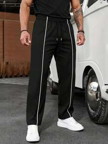 1pc Men's Casual Trousers, Comfortable & Fashionable For Commuting, Outdoor Sports, Training, Hiking, Fitness, Jogging, Daily Wear, Loose Fit Straight Leg Striped Pants, Autumn/Winter - Black - View 3