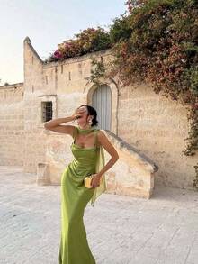 New Fashion Temperament Slim-Fit Solid Color Slim-Fit Dress Including Scarf - 綠色 - 查看 4