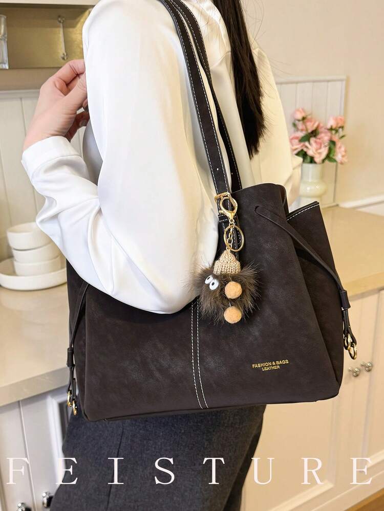 1pc FEISTURE Large Capacity PU Tote Bag, Fashion Shoulder Bag With Pendant, Suitable For Girls, Women, College Students, Young Professionals, Great For Work, Business, Commute, School - Coffee - View 5