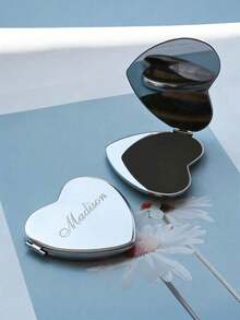Personalized Engraved Heart-Shaped Compact Mirror, Customized Silver Pocket Makeup Mirror (Can Engrave Name), Personalized Pocket Makeup Mirror, Portable Foldable Double-Sided Makeup Mirror, Girl's Makeup Mirror, Thoughtful Gift For Daughter, Sister And Best Friend, Christmas Gift, Foldable Makeup Mirror, Teacher's Day Gift, Wedding & Birthday Gift, Perfect Bridesmaid Gift, Wedding, Birthday And Anniversary Gift, Valentine's Day Gift, Christmas Beauty Accessory - Multicolor - View 5