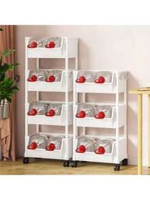 1pc White Mobile Storage Cart, Plastic Utility Organizer Rack On Wheels, Adjustable Shelving Units, Space Saving For Living Room, Bedroom, Dorm, Office - Easy Assembly, Sturdy Construction, Compact Design, Freestanding, Tilted Shelves, Multipurpose