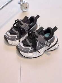 1双男女通用透气网面平底运动鞋，软底防滑休闲童鞋，时尚百搭儿童厚底鞋，适合春秋季穿着 - 黑色 - 查看 5