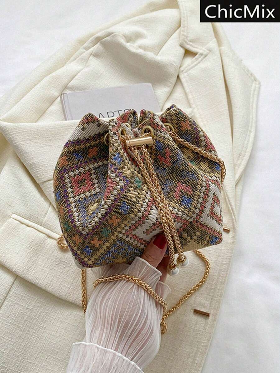 迷你時尚顏色阻塞抽繩設計斜挎包 - 彩色 - 查看 1