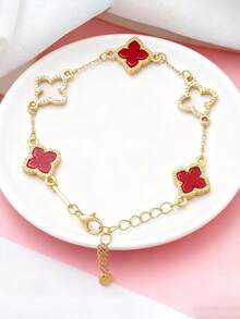 1pc Hollow 4-Leaf Clover Bracelet, Sweet & Cute Design, Suitable For Girls (No Gift Box) - Red - View 2
