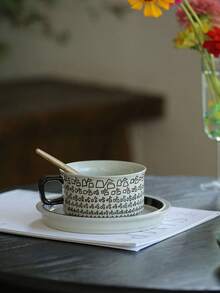 1 Set Ceramic 200ml Latte Art Coffee Cup With Saucer, High-Quality Cute Couple Mugs, Personalized Milk Tea Cup, Creative Office Cup With Spoon, Hanging Ear Cup With Plate, Chinese Tea Set