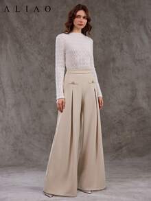 A&A 纽扣装饰纯色阔腿喇叭裤，适合派对、婚礼、浪漫假日风格、秋季女装 - 杏色 - 查看 3