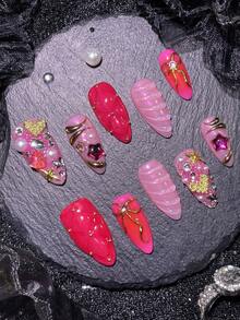 10pcs Valentine's Day Nail Art Set, Includes 3D Pink Almond Nail Stickers, Chrome Powder, Red Nail Stickers, French Nail Stickers, Shiny Rhinestone False Nails, Heart Sequins, Diamond Decorations, Bow Tie, Star Nail Jewelry, Nail Gems, With Nail Tools (1 Jelly Sticker + 1 Nail File), Suitable For Party, Valentine's Day, Wedding, Casual And Daily Wear - Multicolor - View 6