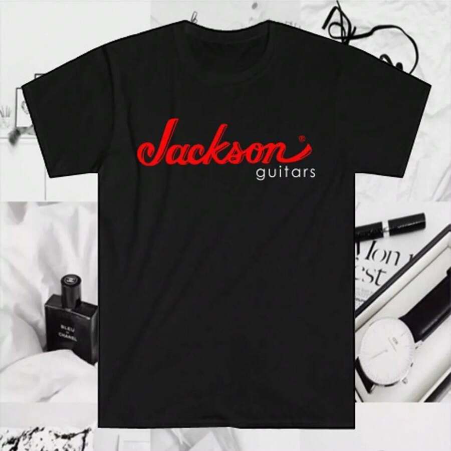 Jackson Guitars Men's Black T-Shirt With Red Logo & Geometric Applique Design - Casual Short Sleeve Round Neck Tee, Regular Fit For Music Enthusiasts, Sizes S-5XL - màu đen - Xem 1