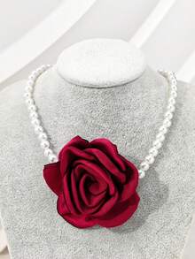 1件女士优雅仿珍珠布艺花朵串珠项链，适合派对佩戴 - 紅色 - 查看 2