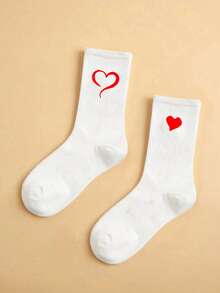 1/2 Pair Couple Crew Socks, White Heart Design, Minimalist Fashion Versatile Cute Soft Comfortable Moisture-Wicking, Suitable For Valentine's Day, Mother's Day - Multicolor - View 2