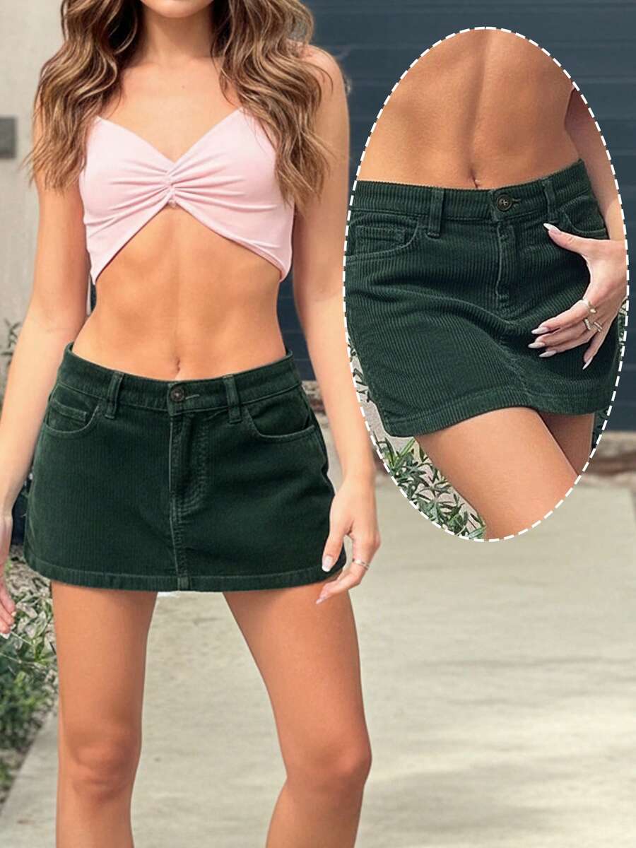 Corduroy Skirts For Women Mid/Low Rised Casual A Line Mini Dress 2026 Fall Y2k Clothes - 墨綠色 - 查看 1