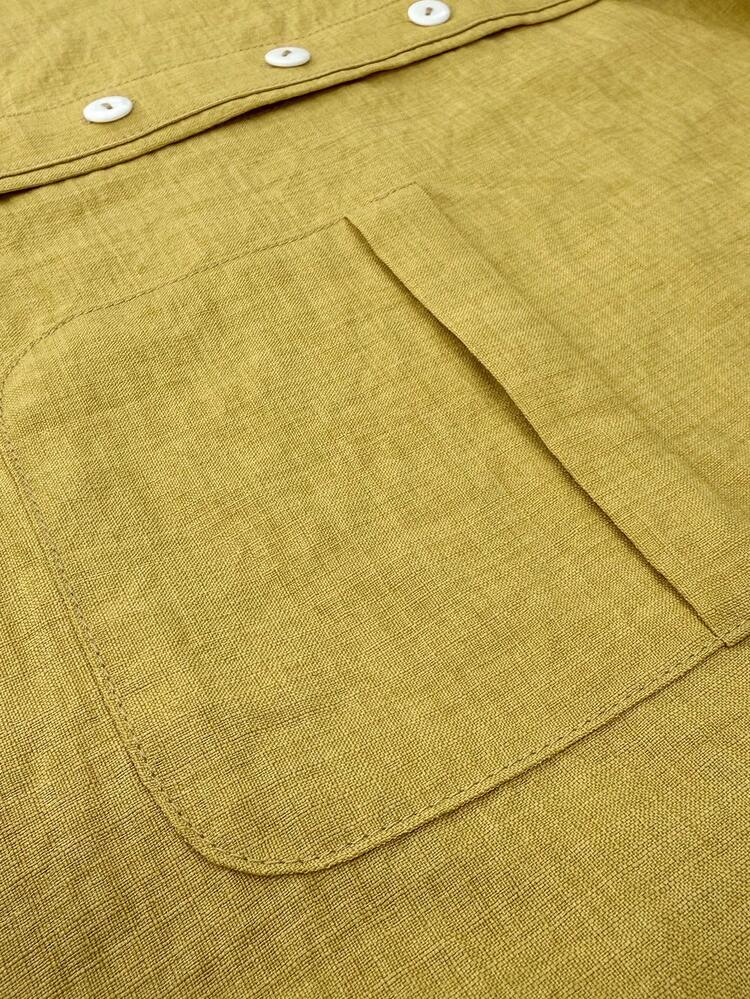 大码女式休闲短袖纽扣衬衫，芥末黄半开襟设计，适合户外旅行、玩耍、摄影、早午餐等场合。 - 黃色 - 查看 7