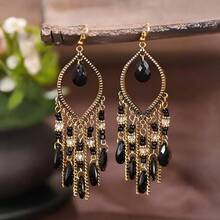 A Pair Of Vintage Black And Gold Long Tassel Earrings, Women's Bohemian Style Dangle Earrings. - 黑色 - 查看 3