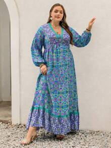 Rusttydustty Đầm maxi dài tay in hoa phong cách Bohemian dành cho nữ cỡ lớn, thích hợp cho tiệc trà và kỳ nghỉ, nhiều màu sắc, cổ chữ V, vạt xếp lớp, dáng suông thanh lịch. - Màu xanh lam - Xem 3