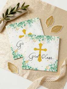 60pcs 13"X13" Baptism Theme Party Disposable Napkins, Elegant Blessing Design With White Background, Green Leaf & Gold Foil Cross "God Bless" Pattern, Suitable For Blessing Gatherings, Cozy Family Thanksgiving, Spring Spiritual Events - Multicolor - View 8