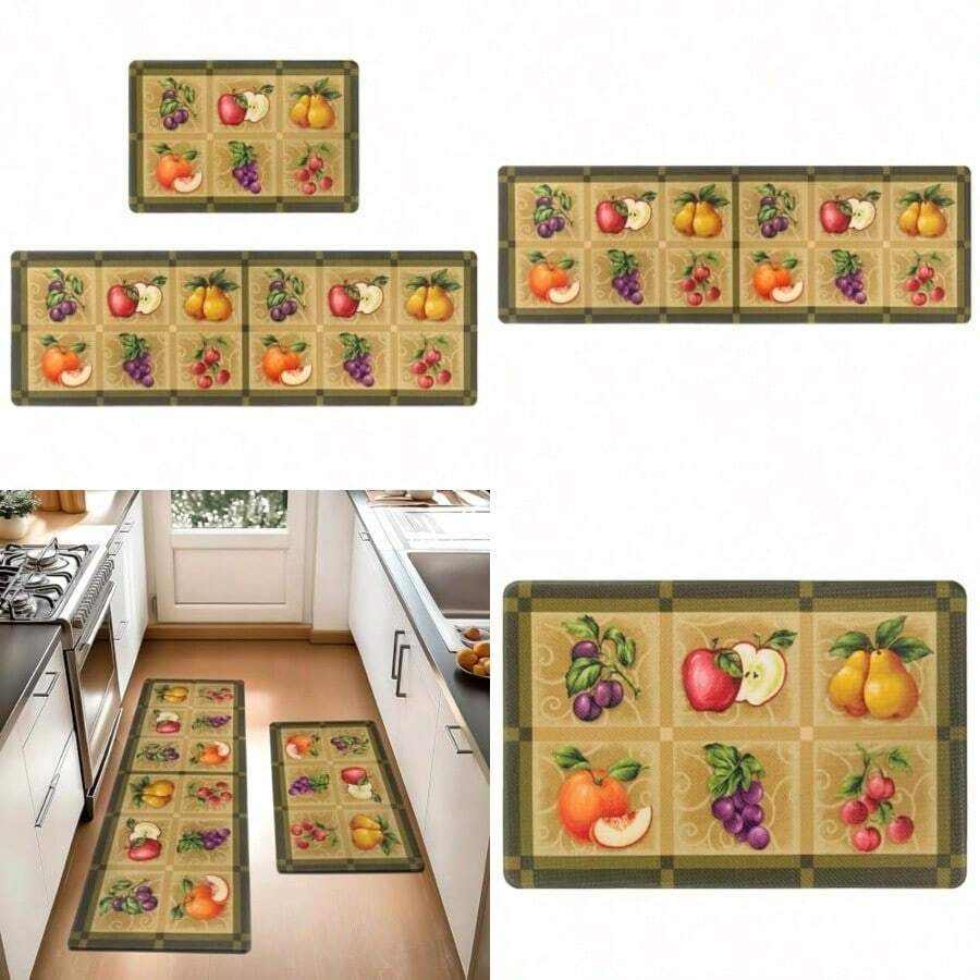 &Set de Tapetes para Cocina Antifatiga 10 mm Diseño de Frutas Coloridas Tapete para Cocina Medidas 120 x 40 cm y 60 x 40 cm Perfectos para Decoración y Comodidad en la Cocina - Multicolor - Ver 1
