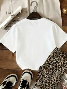 2pcs/Set Girls Toddler Leopard Print Short Sleeve T-Shirt And Pants Set, Spring/Summer - White - View 2
