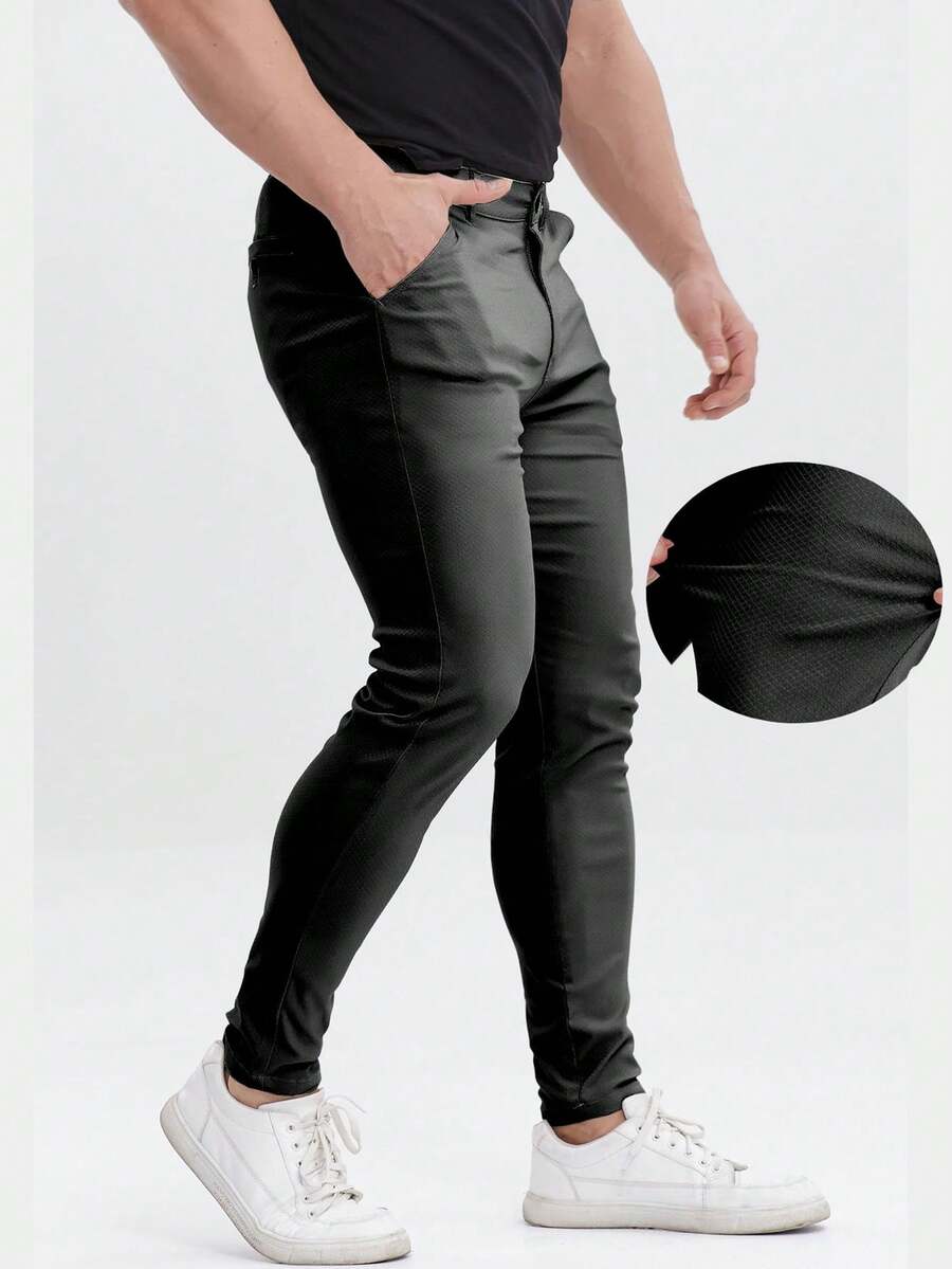 ALLELMS 男士修身抗皱弹力棉斜纹西裤 - 黑色 - 查看 1