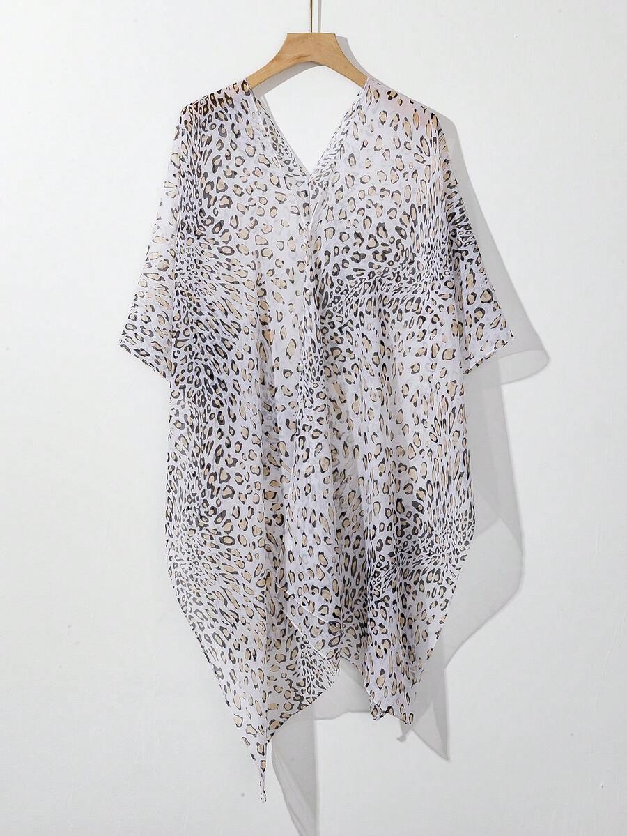 1pc Leopard Print Beach Cover-Up, Swimsuit Sunscreen Shawl, Polyester - Multicolor - View 1