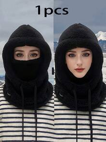 1pc Women's Solid Color Fleece Balaclava Hat, Elastic Drawstring, Lightweight & Warm For Outdoor Use, Cycling, Skiing, Soft & Skin-Friendly - Black Fleece Hood - View 8