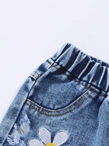 Baby Girls' Distressed Denim Jeans, New Arrival, Vintage Washed Ripped Floral Embroidered Cute Baby Girl Flare Pants, Comfortable Elastic Waist Jeans, Suitable For Casual Outings And Play - Light Wash - View 4