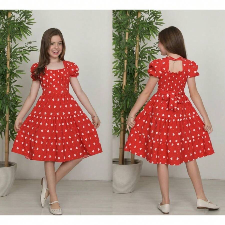 Krica Kids - Children's Midi Dress With Princess Heart Sleeves For Parties, Sizes 10 To 16 - 紅色 - 查看 1