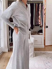 2-Piece Set Of Grey V-Neck Wide-Leg Pants - Loose Long-Sleeved Blazer And Pants, Anti-Wrinkle For Both Office And Casual Wear, Machine Washable For Spring And Autumn Business Attire - Burgundy - View 6