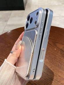 1pc Plain Business Card Holder, Faux Leather, Compatible With Iphone 11/12/13/14/15/16/17/Pro Max - Silver - View 3