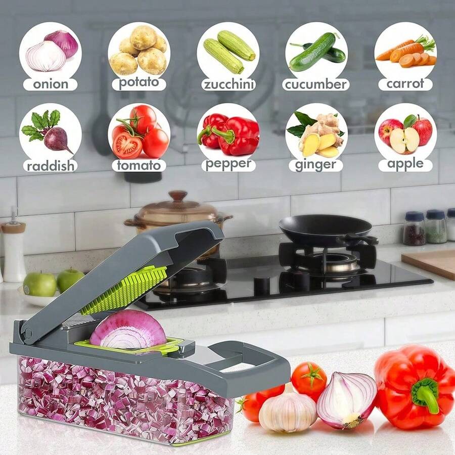 16-In-1 Vegetable Onion Chopper, Multifunctional Cutting Machine, Ingredient Processing Tool, Onion Chopper With Drain Basket, Carrot Garlic Chopper With Container, Kitchen Tools, Kitchen Accessories, Suitable For Home/Restaurant To Quickly Chop Vegetables - Black - View 1